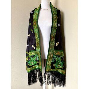 Vintage 1960s Fine Silk Pashmina In Green Paisley Print From India